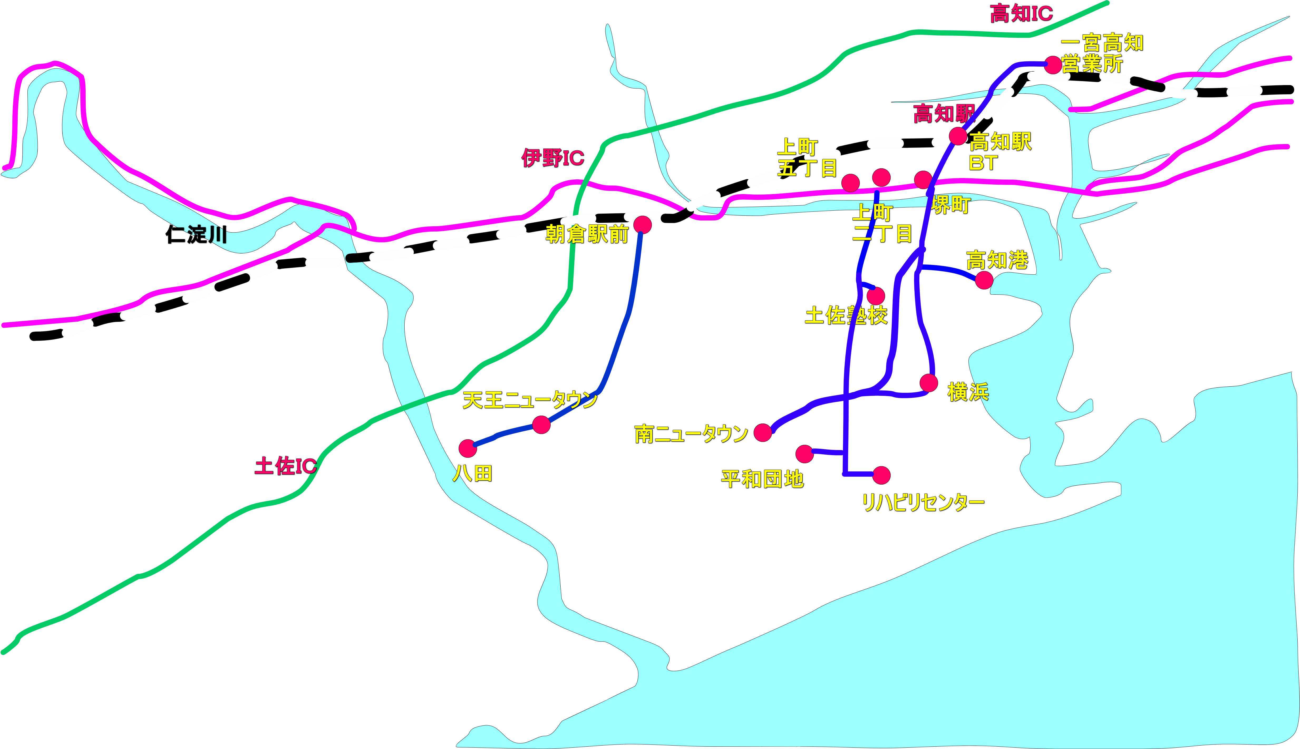 高知～鷲尾山トンネル～南ニュータウン・平和団地・リハビリセンター線