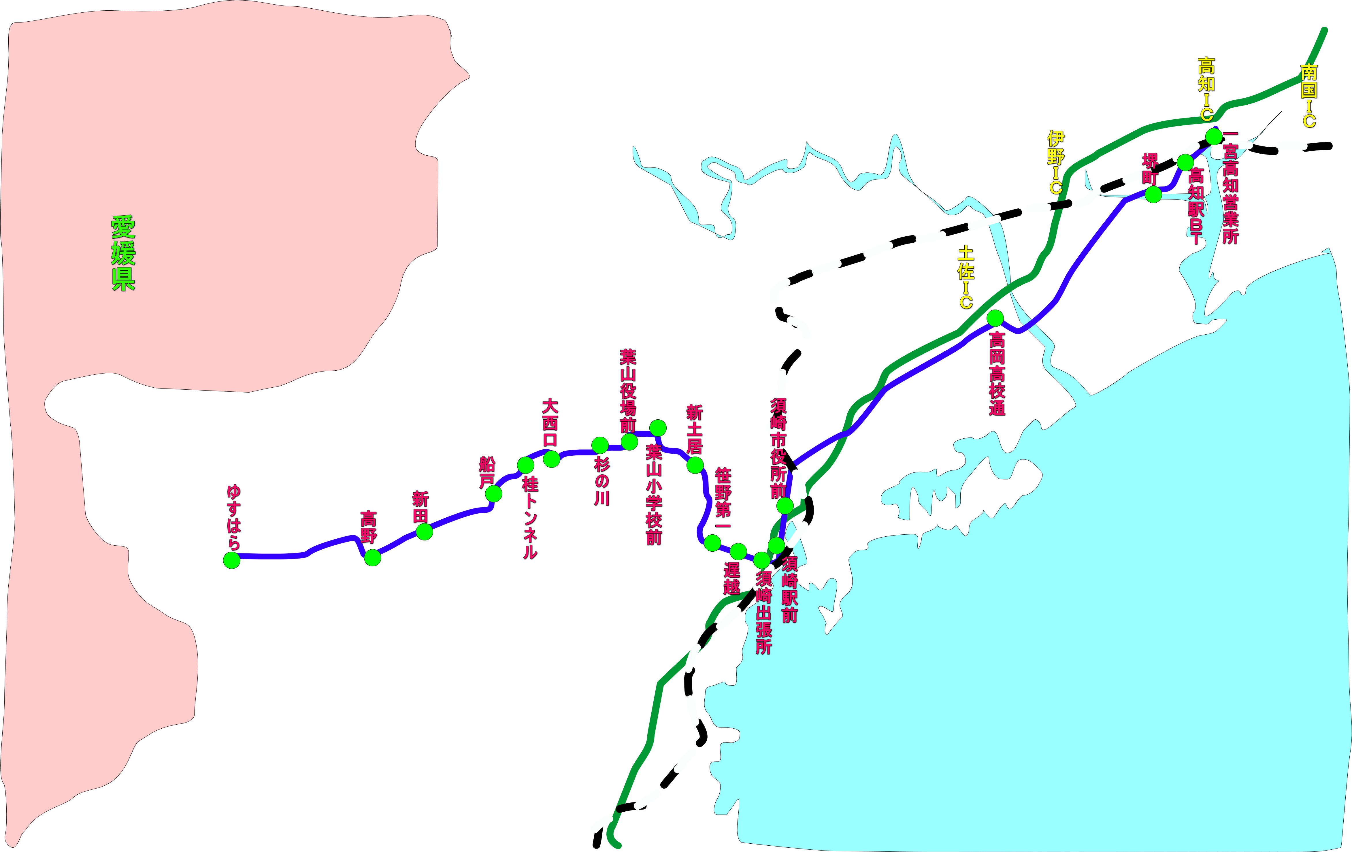 高知～杉井流～須崎駅前～須崎（出）～杉の川～梼原線